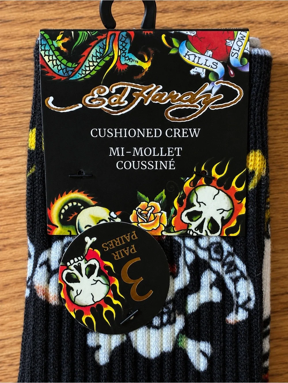Ed Hardy 3 Pack Crew Socks with Heart Tiger & Skull Tattoo Motifs